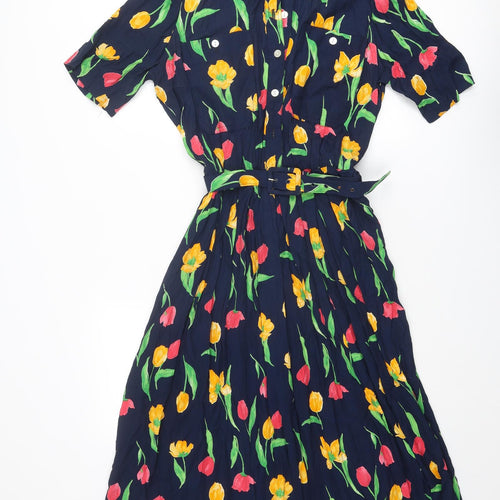 Mandy Marsh Womens Blue Floral Viscose Shirt Dress Size 16 Collared Button