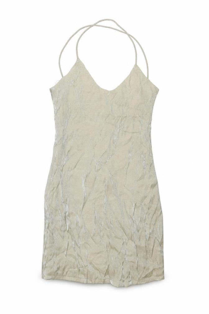 Front view of Goldie women’s beige polyester mini, size M, scoop neck zip
