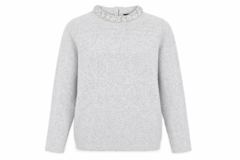 Front view of Dorothy Perkins women’s grey crew neck acrylic jumper, size UK 12