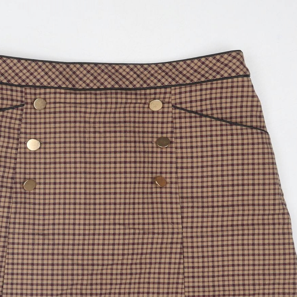 Oasis Womens Brown Plaid Polyester A-Line Skirt Size 12 Zip