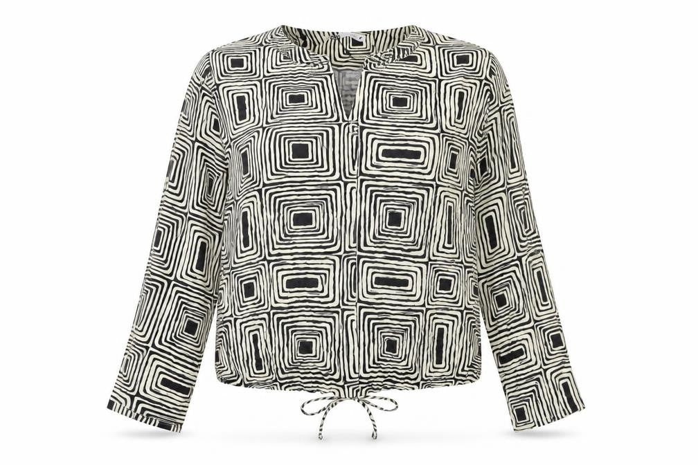 Front view of Zara women’s ivory geometric polyester basic blouse, size S, collared
