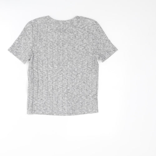 Zara Womens Grey Geometric Polyester Basic T-Shirt Size S Round Neck
