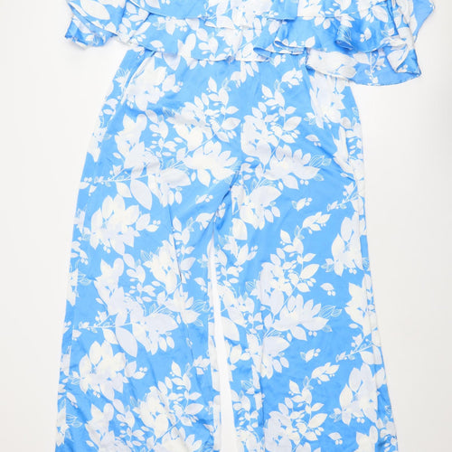 Boohoo Womens Blue Floral Polyester Jumpsuit One-Piece Size 14 L29 in Pullover