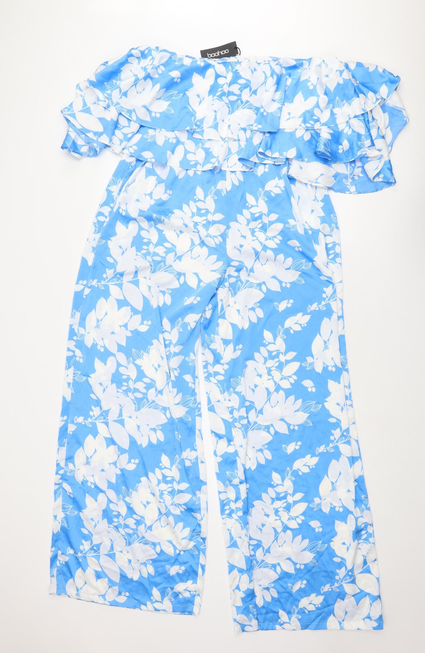 Boohoo Womens Blue Floral Polyester Jumpsuit One-Piece Size 14 L29 in Pullover