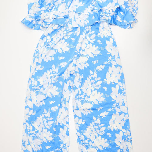 Boohoo Womens Blue Floral Polyester Jumpsuit One-Piece Size 14 L29 in Pullover
