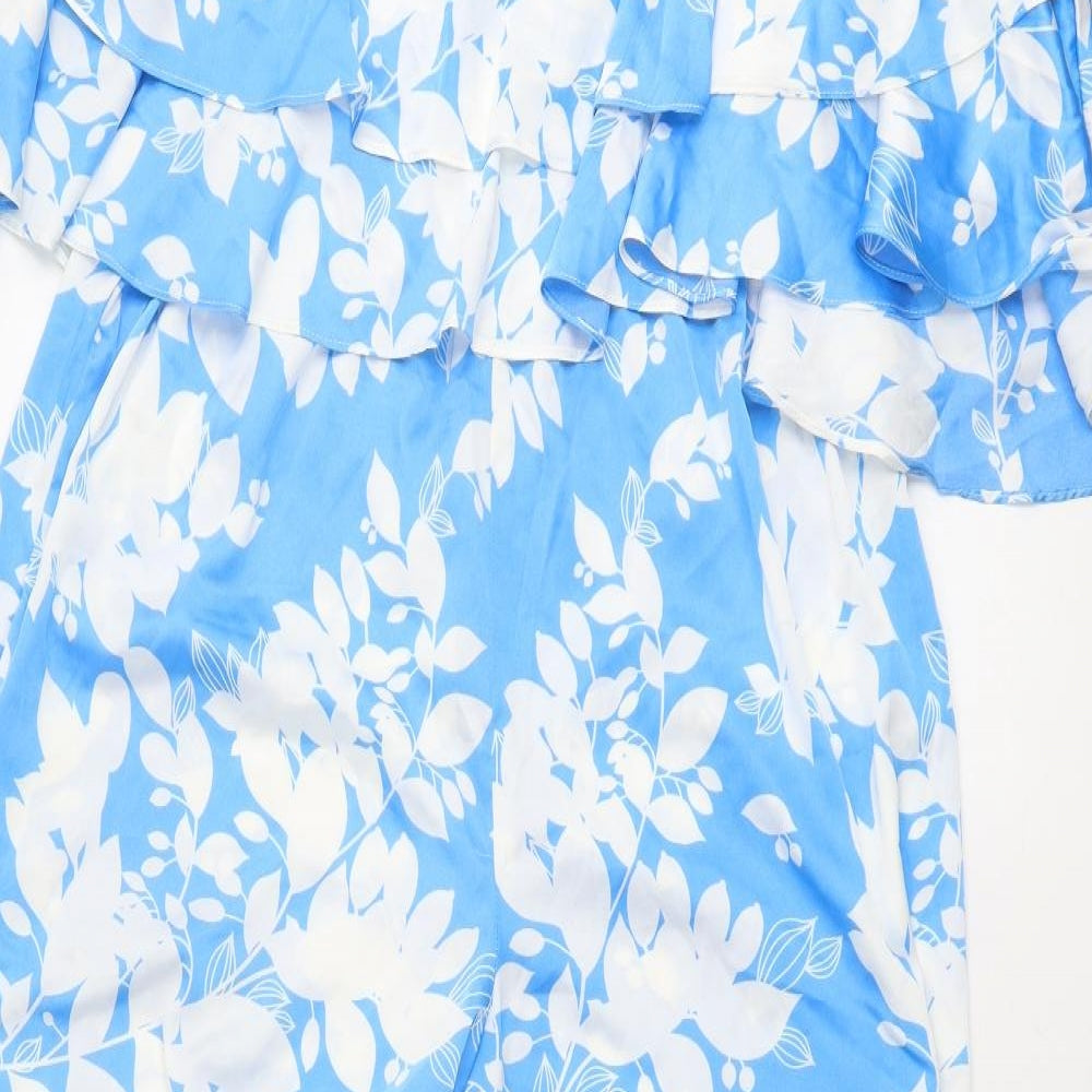 Boohoo Womens Blue Floral Polyester Jumpsuit One-Piece Size 14 L29 in Pullover