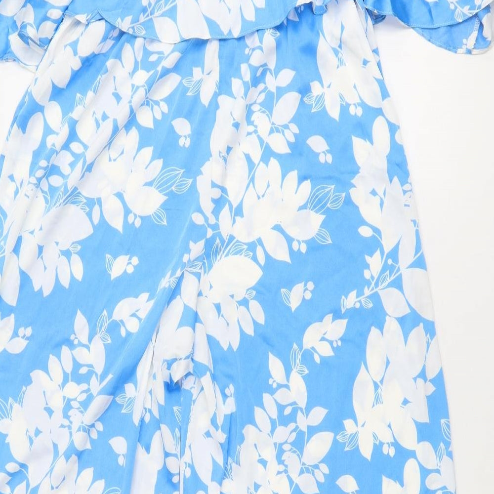 Boohoo Womens Blue Floral Polyester Jumpsuit One-Piece Size 14 L29 in Pullover