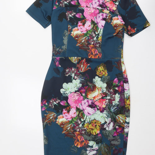 ASOS Womens Multicoloured Floral Polyester Bodycon Size 12 Round Neck Zip