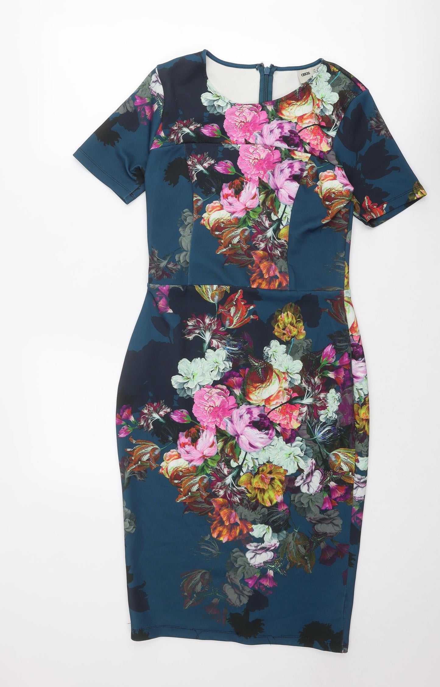 ASOS Womens Multicoloured Floral Polyester Bodycon Size 12 Round Neck Zip