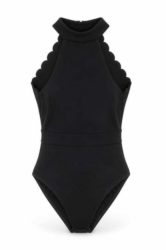 Front view of Boohoo women’s black polyester bodysuit one-piece, size UK 6, button