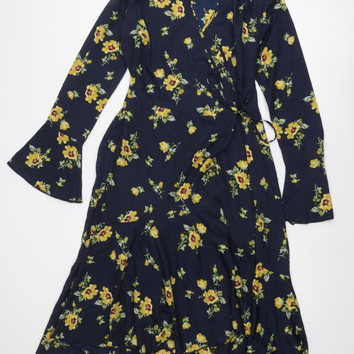 Boohoo Womens Blue Floral Polyester Wrap Dress Size 14 V-Neck Button