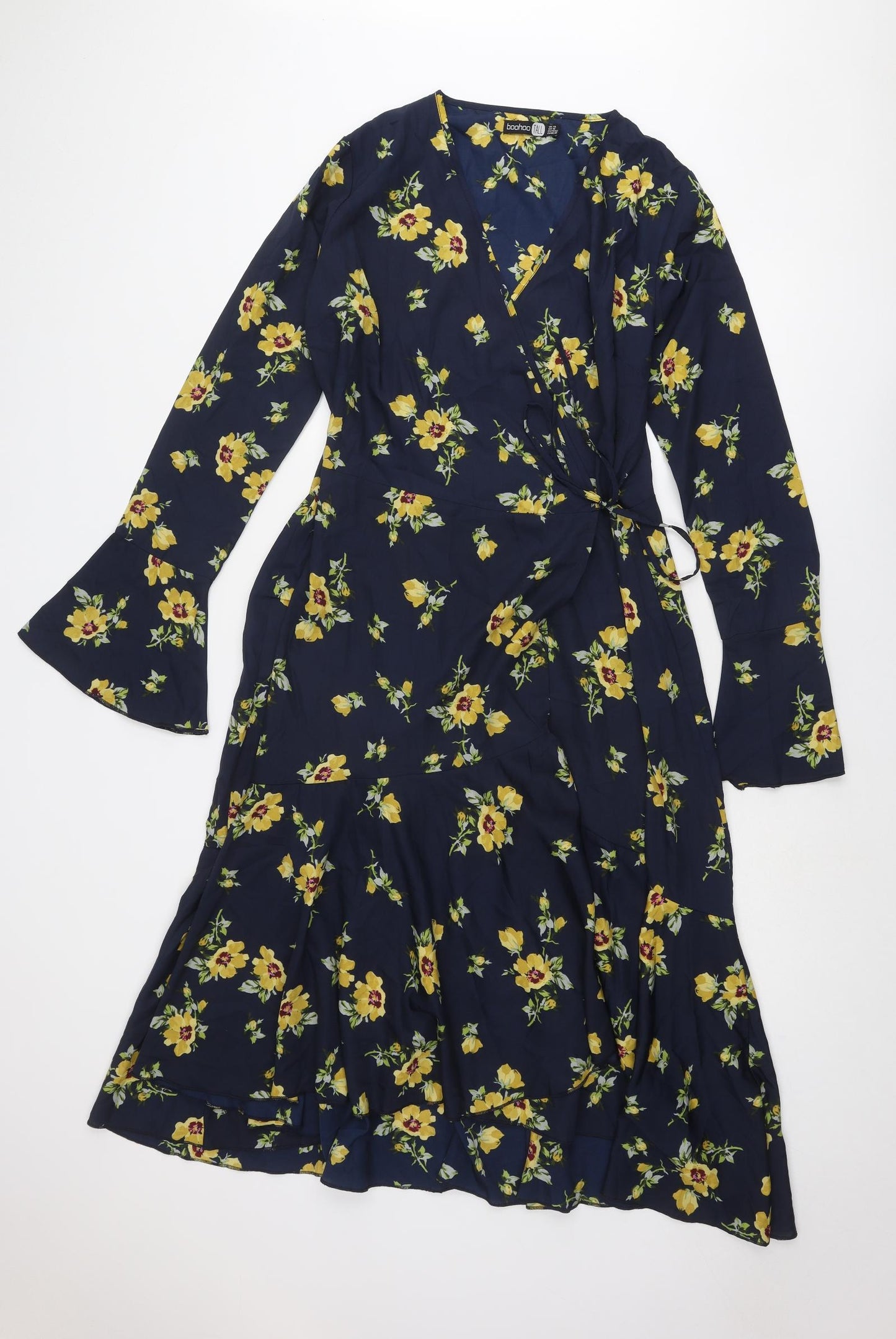 Boohoo Womens Blue Floral Polyester Wrap Dress Size 14 V-Neck Button