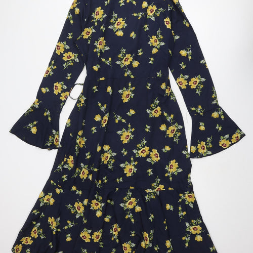 Boohoo Womens Blue Floral Polyester Wrap Dress Size 14 V-Neck Button