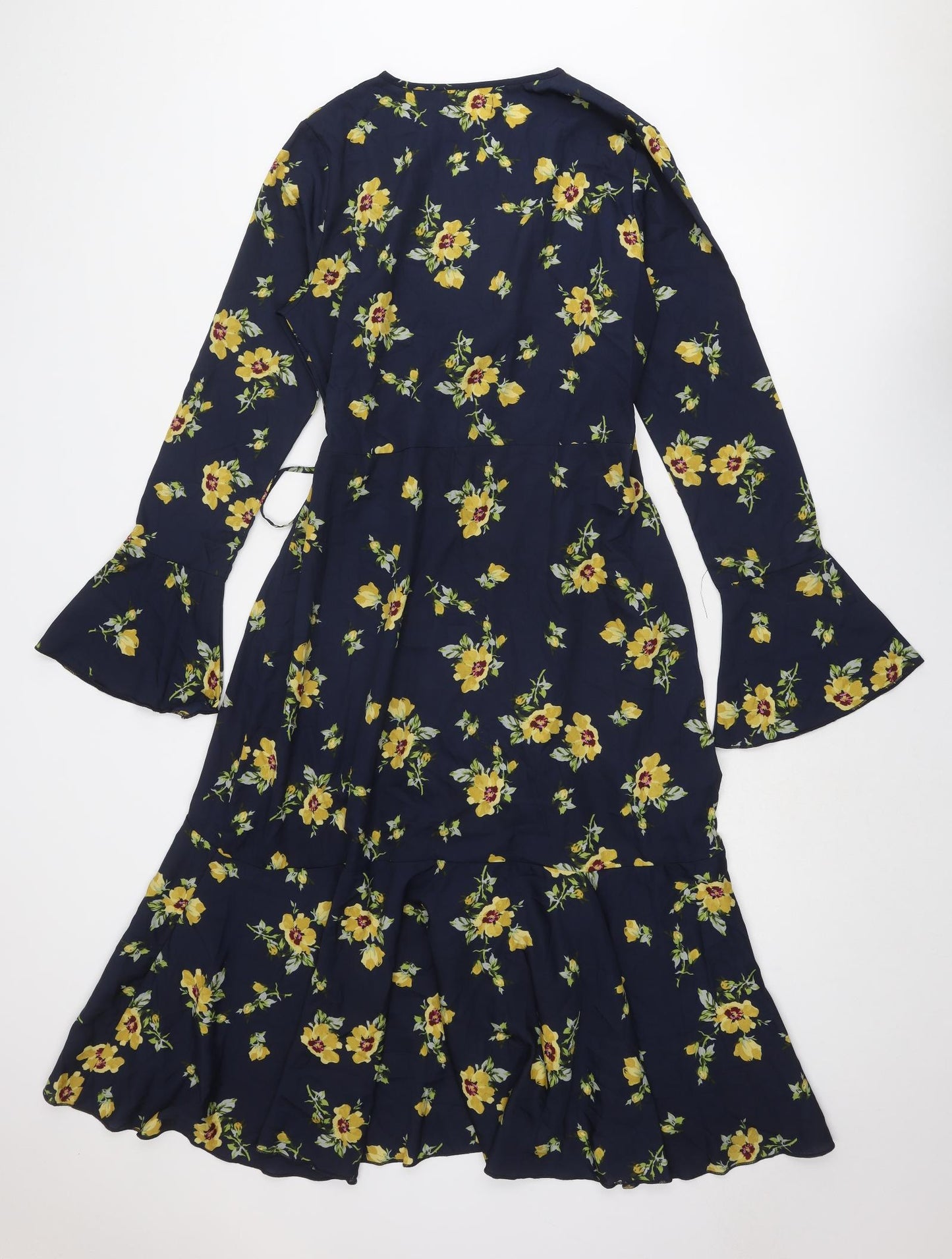 Boohoo Womens Blue Floral Polyester Wrap Dress Size 14 V-Neck Button