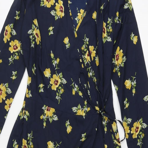 Boohoo Womens Blue Floral Polyester Wrap Dress Size 14 V-Neck Button