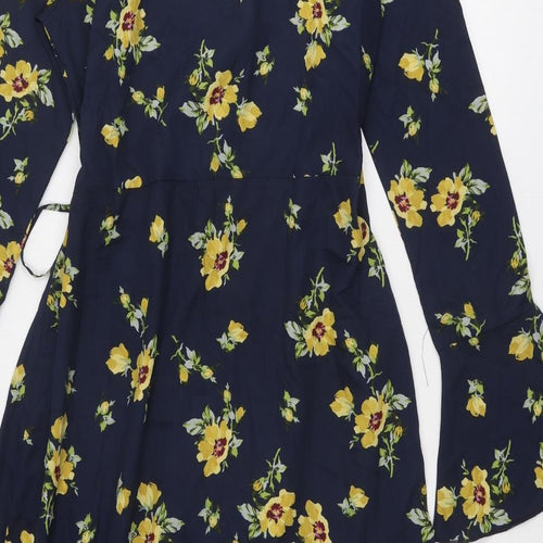 Boohoo Womens Blue Floral Polyester Wrap Dress Size 14 V-Neck Button