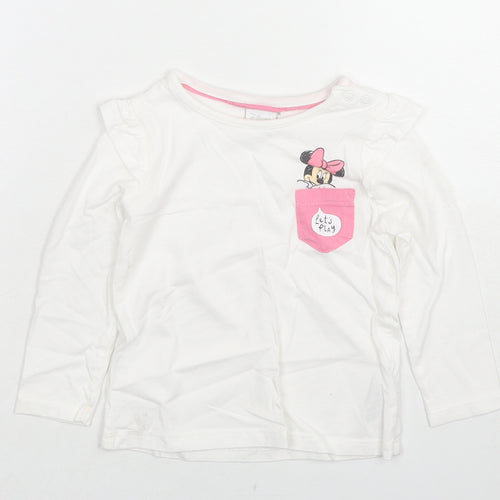 Disney Girls White Cotton Basic T-Shirt Size 12-18 Months Round Neck Pullover - Minnie Mouse