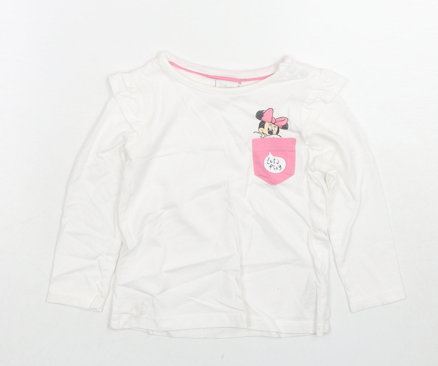 Disney Girls White Cotton Basic T-Shirt Size 12-18 Months Round Neck Pullover - Minnie Mouse