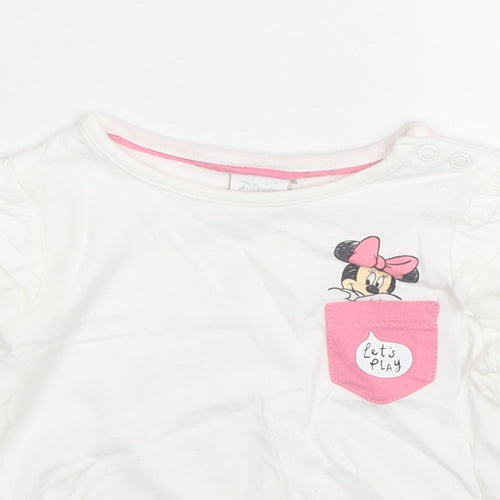 Disney Girls White Cotton Basic T-Shirt Size 12-18 Months Round Neck Pullover - Minnie Mouse