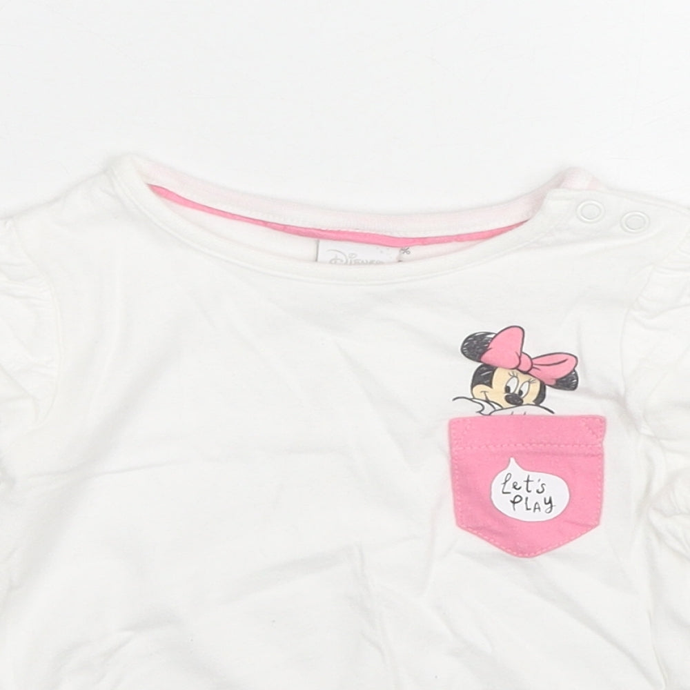 Disney Girls White Cotton Basic T-Shirt Size 12-18 Months Round Neck Pullover - Minnie Mouse