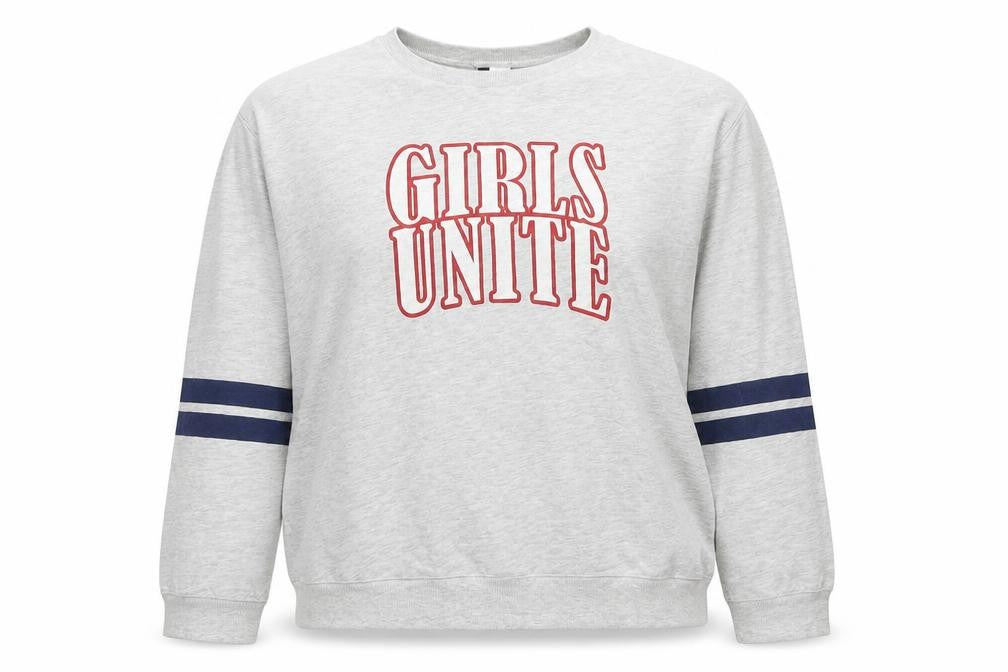 Front view of H&M women’s grey cotton pullover sweatshirt, size L, pullover - girls unite