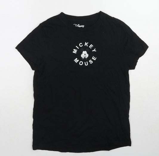 Front view of Disney women’s black cotton basic t-shirt, size UK 6, crew neck - mickey mouse, size UK 6-8