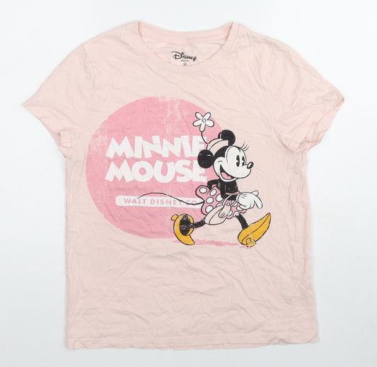 Front view of Disney women’s pink cotton basic t-shirt, size UK 6, crew neck - minnie mouse, size UK 6-8
