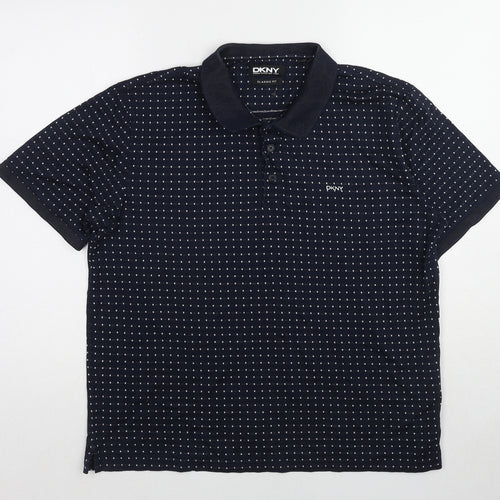 DKNY Mens Blue Geometric Cotton Polo Size L Collared Pullover