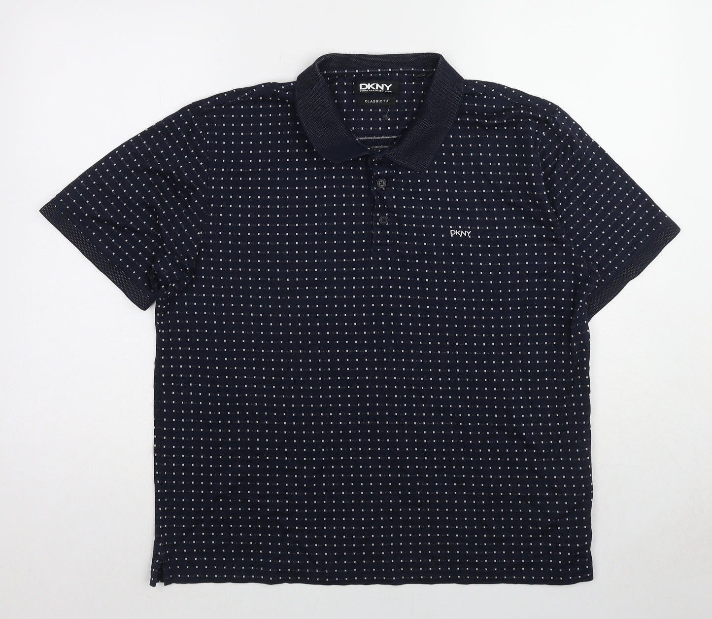 DKNY Mens Blue Geometric Cotton Polo Size L Collared Pullover