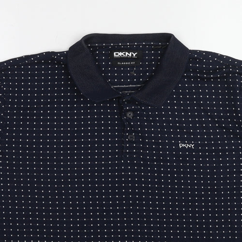 DKNY Mens Blue Geometric Cotton Polo Size L Collared Pullover