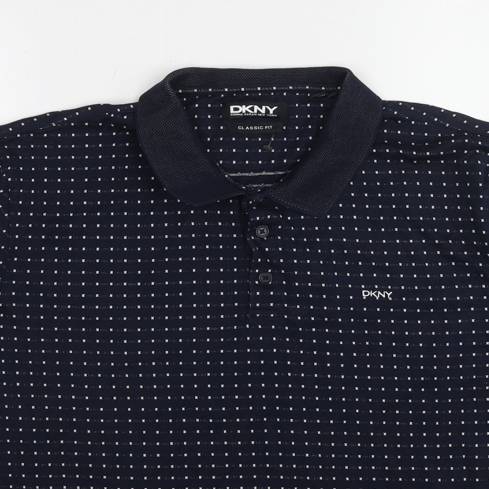 DKNY Mens Blue Geometric Cotton Polo Size L Collared Pullover