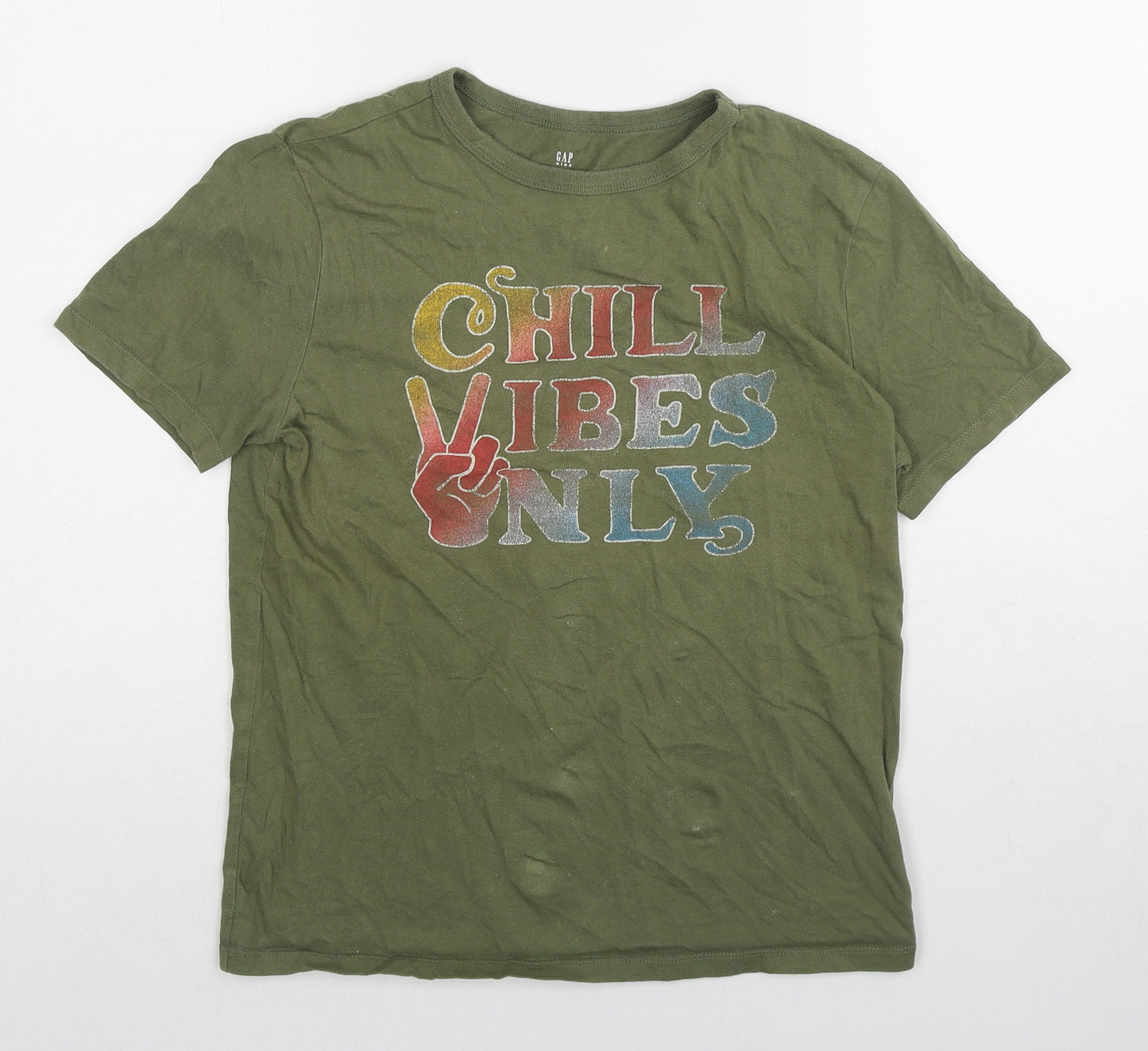 Gap Boys Green Cotton Basic T-Shirt Size 12-13 Years Round Neck Pullover - Chill Vibes Only
