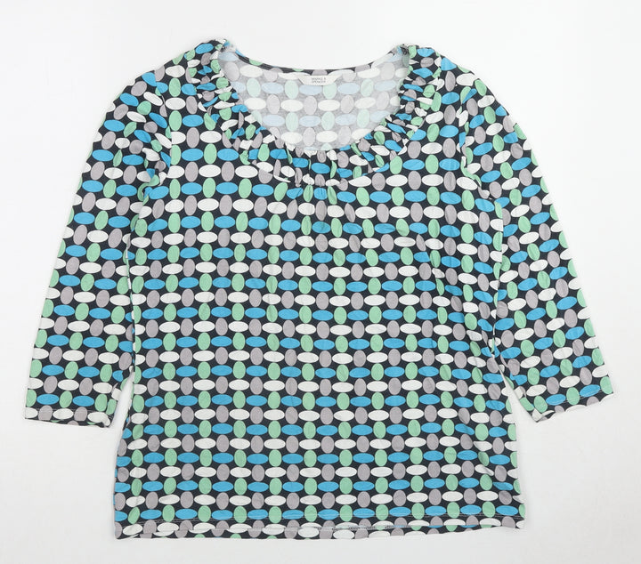 Marks and Spencer Womens Blue Geometric Viscose Basic Blouse Size 14 Boat Neck