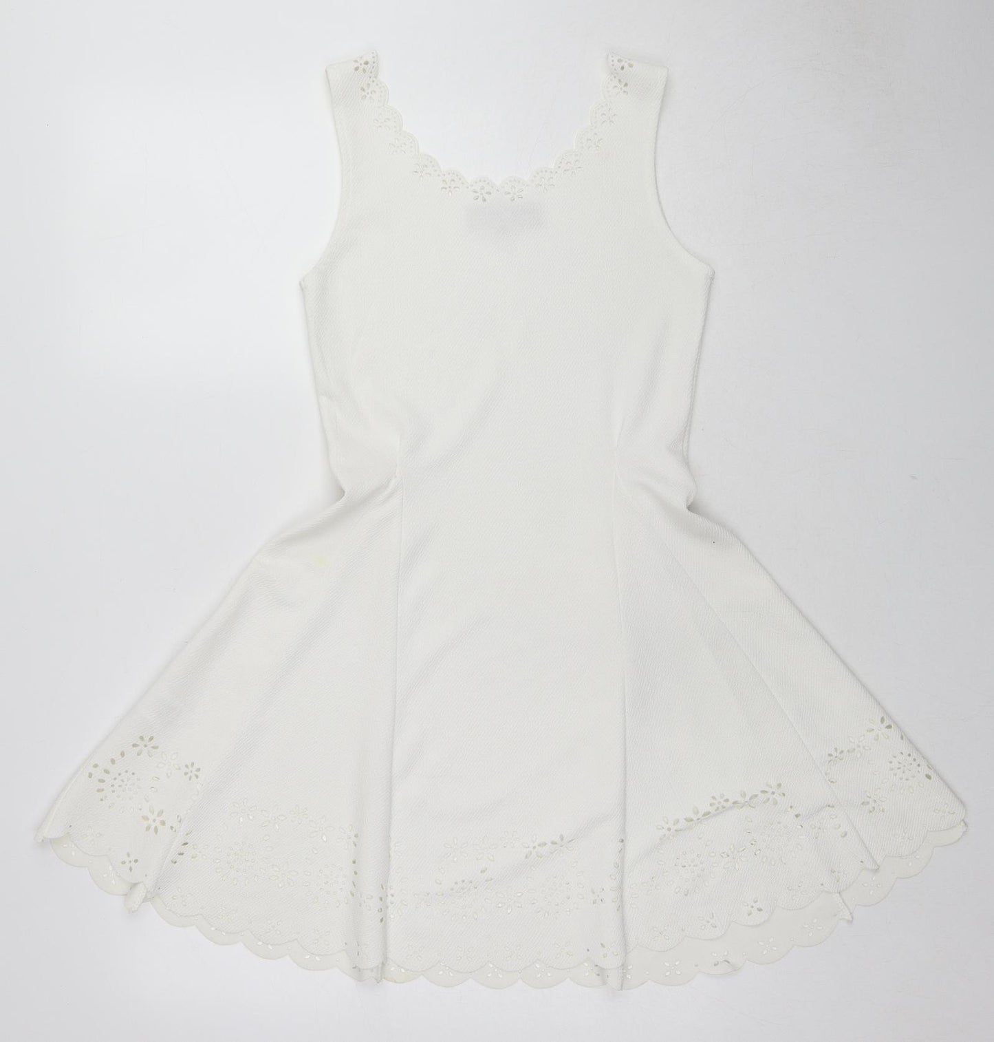 PARISIAN SIGNATURE Womens White Polyester Skater Dress Size 10 Boat Neck Pullover - Laser Cut Out Details