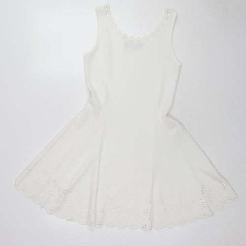 PARISIAN SIGNATURE Womens White Polyester Skater Dress Size 10 Boat Neck Pullover - Laser Cut Out Details