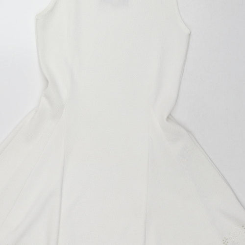 PARISIAN SIGNATURE Womens White Polyester Skater Dress Size 10 Boat Neck Pullover - Laser Cut Out Details