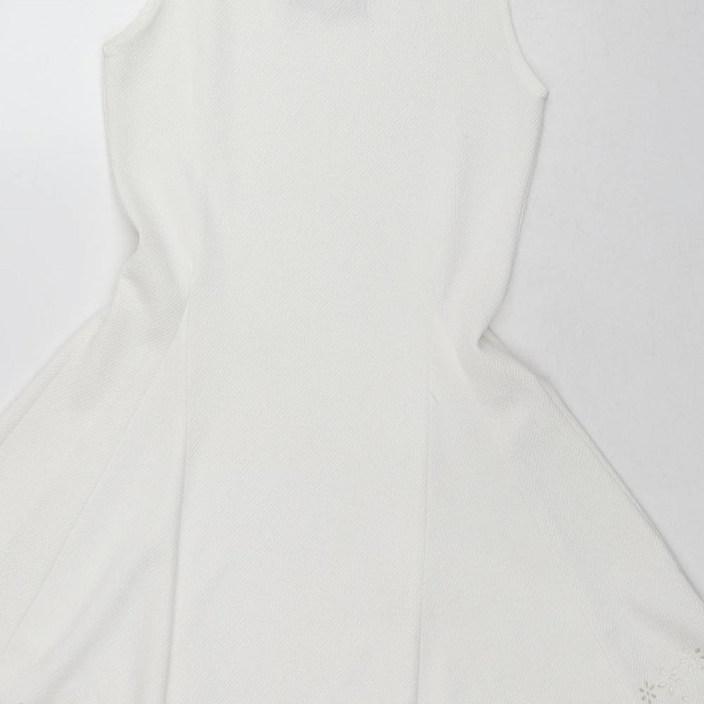 PARISIAN SIGNATURE Womens White Polyester Skater Dress Size 10 Boat Neck Pullover - Laser Cut Out Details