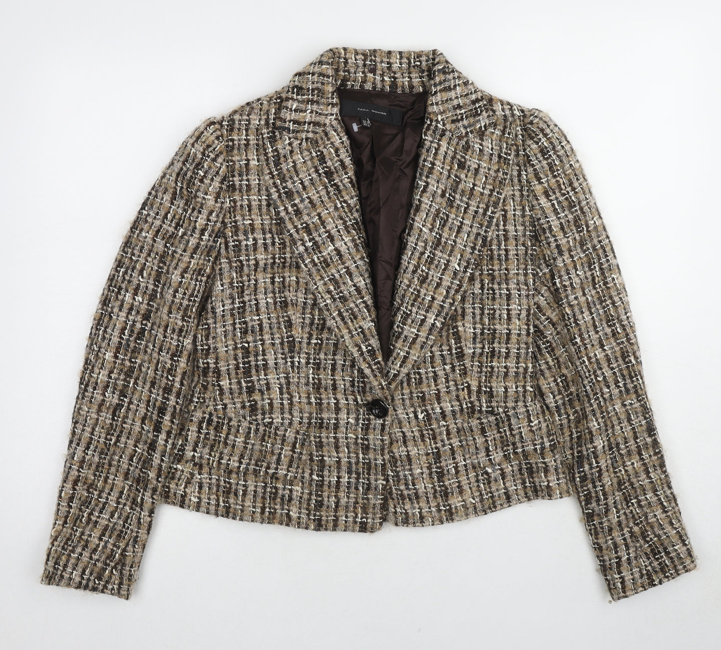 Zara Womens Beige Geometric Jacket Blazer Size 12 Button