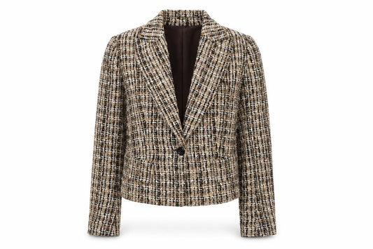 Front view of Zara women’s beige geometric jacket blazer, size UK 12, button