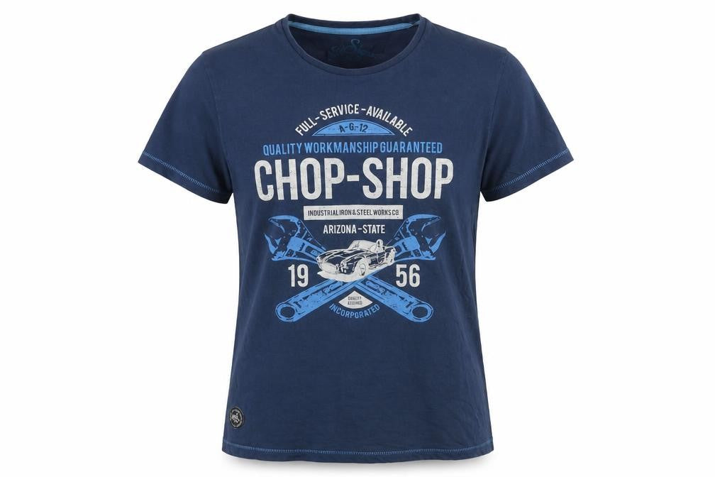 Front view of The Shore women’s blue cotton basic t-shirt, size M, round neck - chop-shop