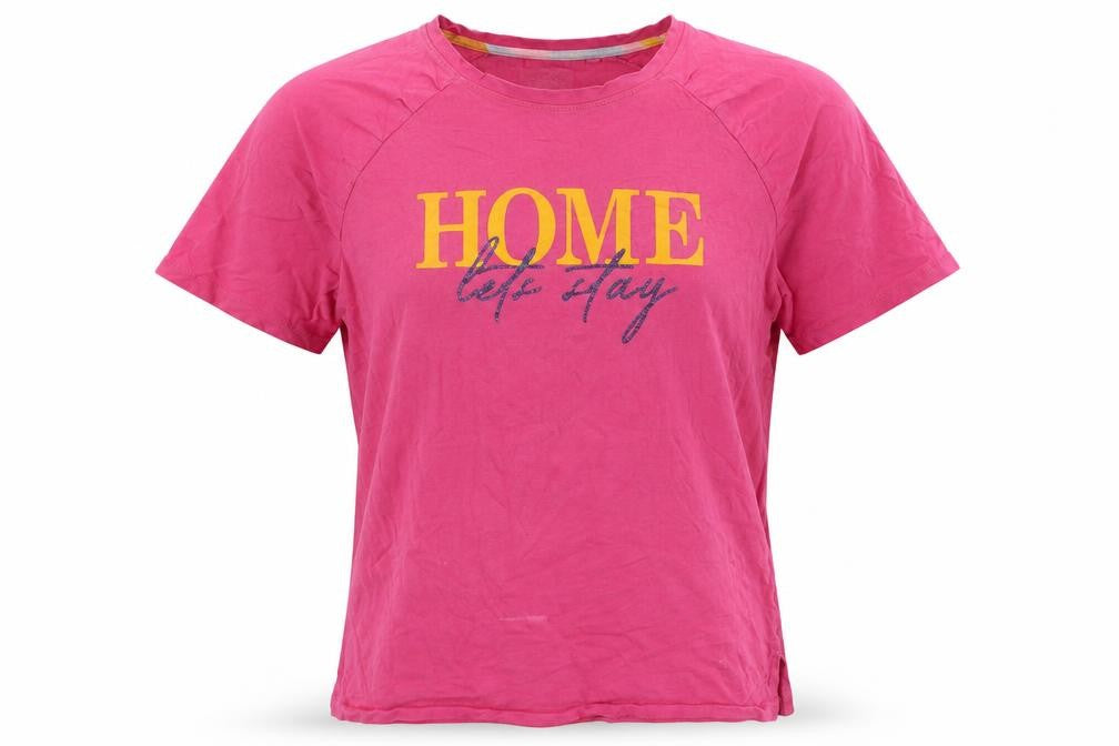 Front view of Next women’s pink cotton basic t-shirt, size S, round neck - home let's party