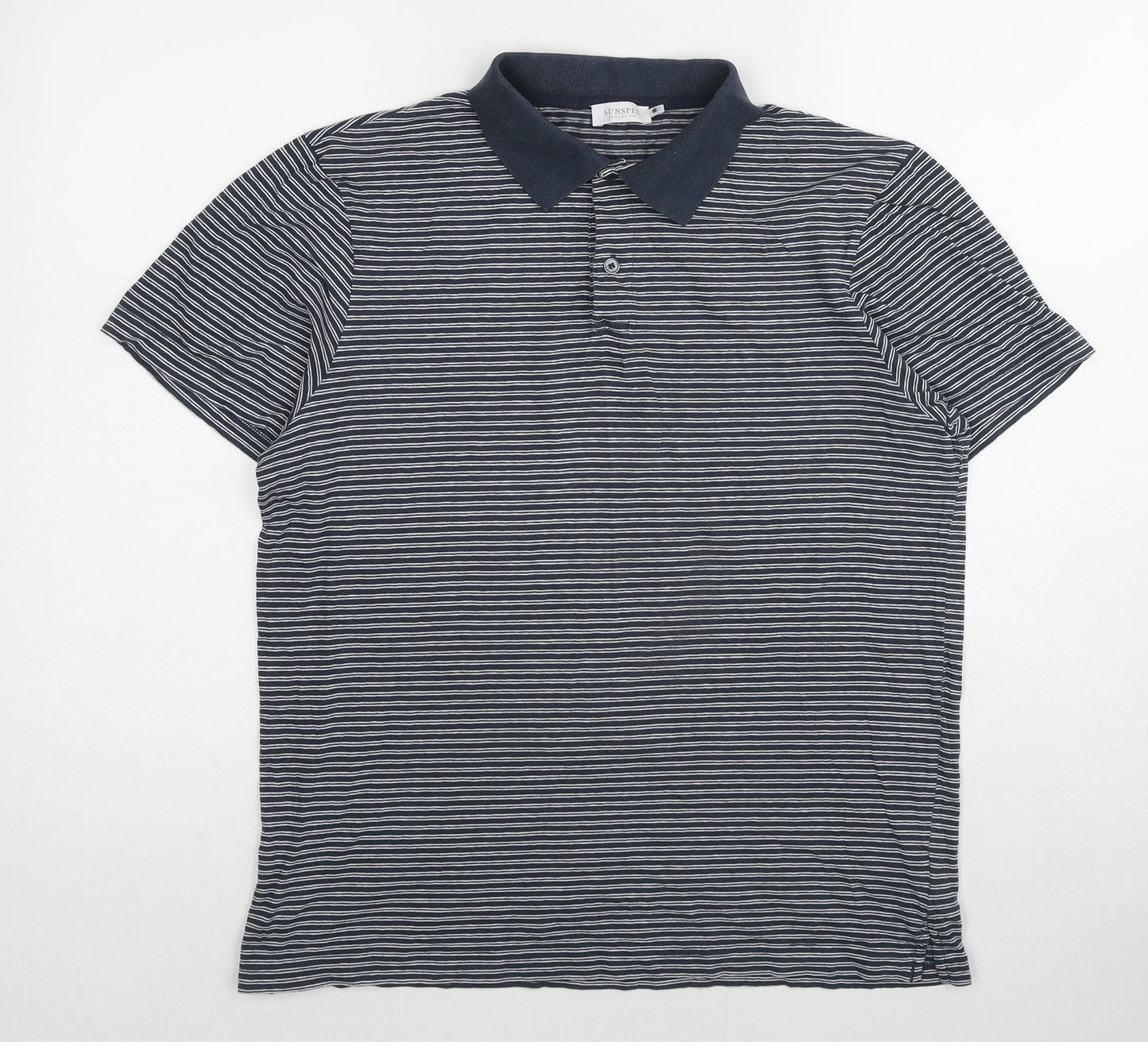 Sunspel Mens Blue Striped Cotton Polo Size L Collared Pullover