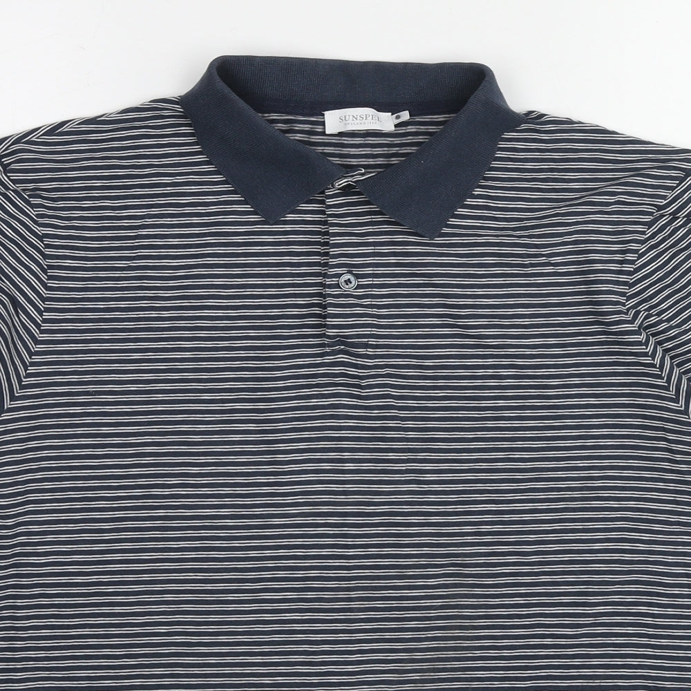 Sunspel Mens Blue Striped Cotton Polo Size L Collared Pullover