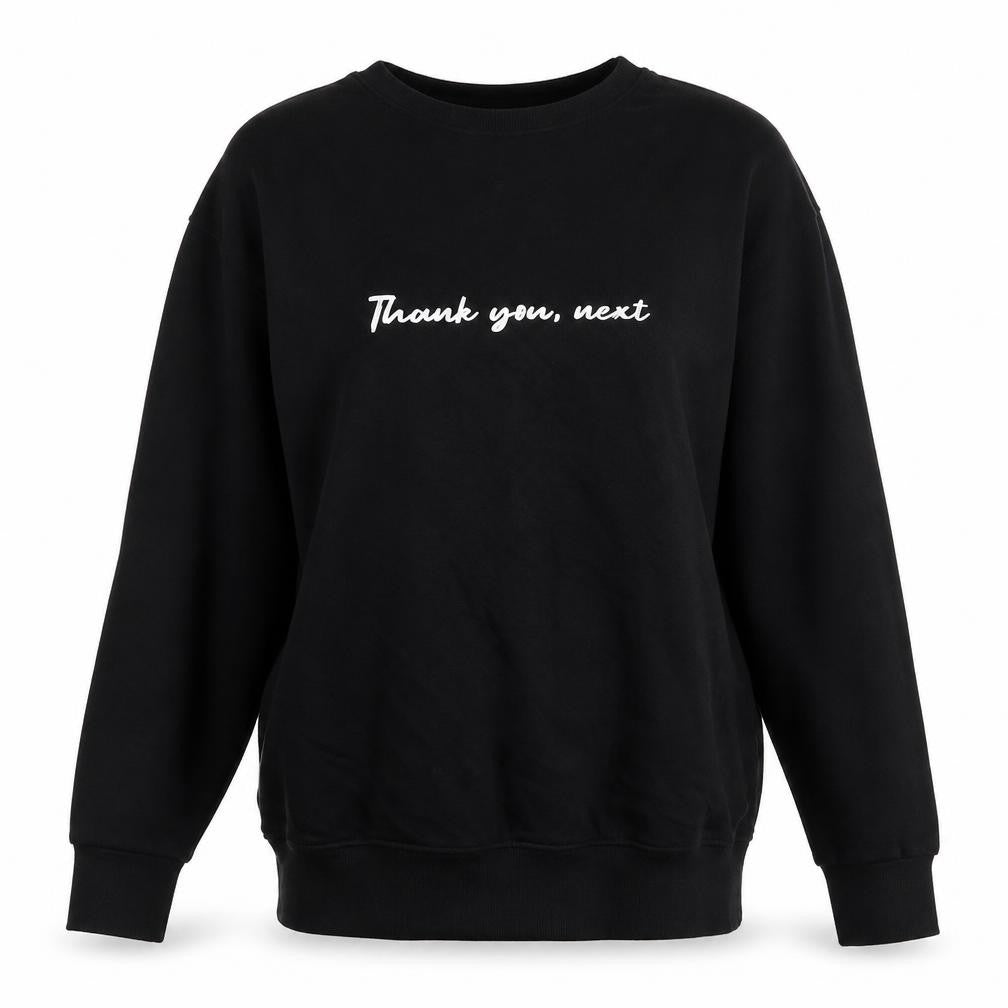 Front view of New Look women’s black cotton pullover sweatshirt, size UK 6, pullover - thank you next