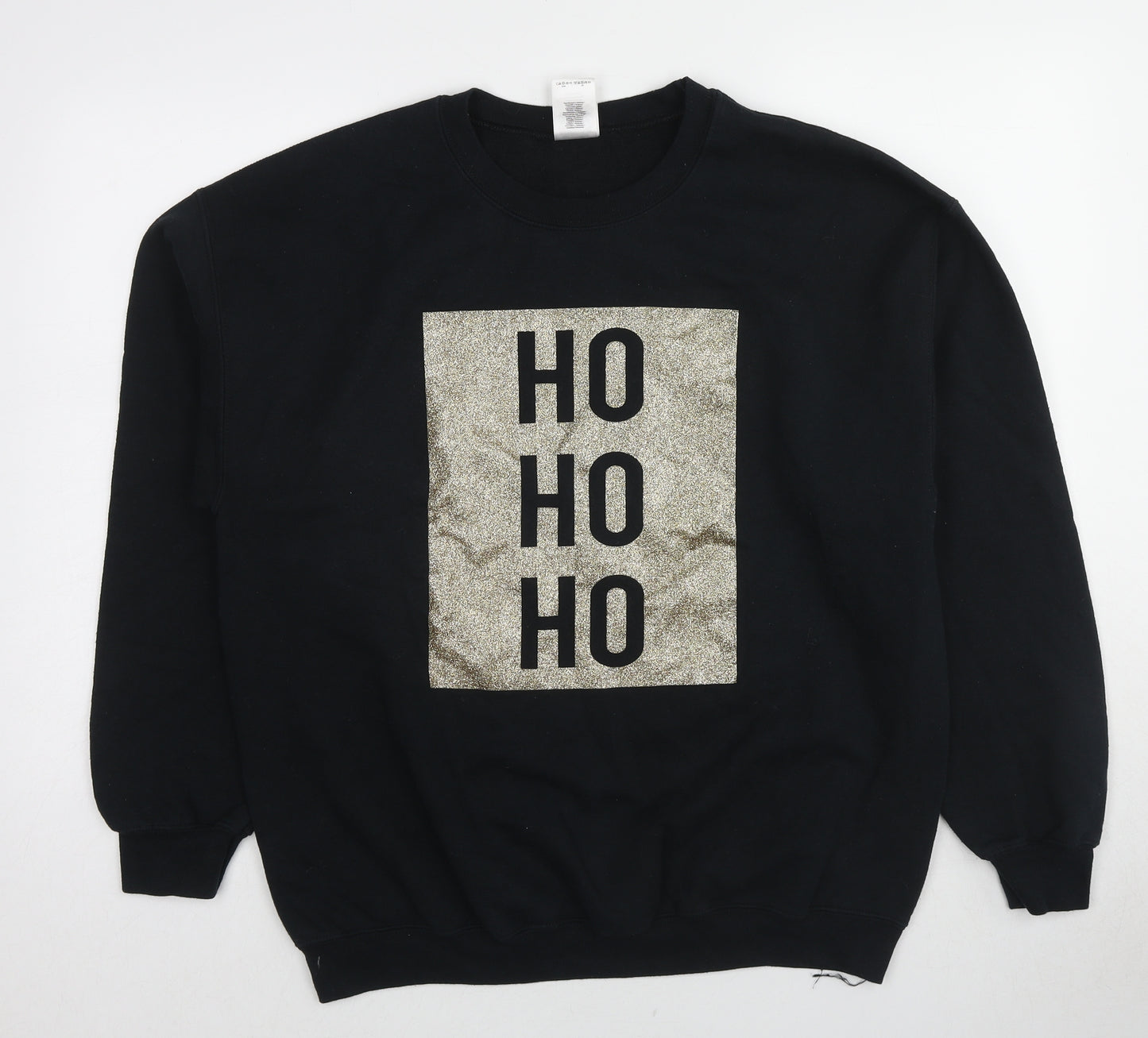 Gildan Womens Black Cotton Pullover Sweatshirt Size L Pullover - Christmas HO HO HO Glitter