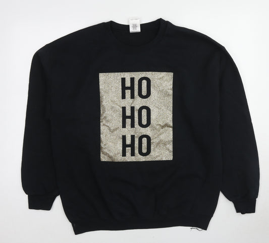Front view of Gildan women’s black cotton pullover sweatshirt, size L, pullover - christmas ho ho ho glitter