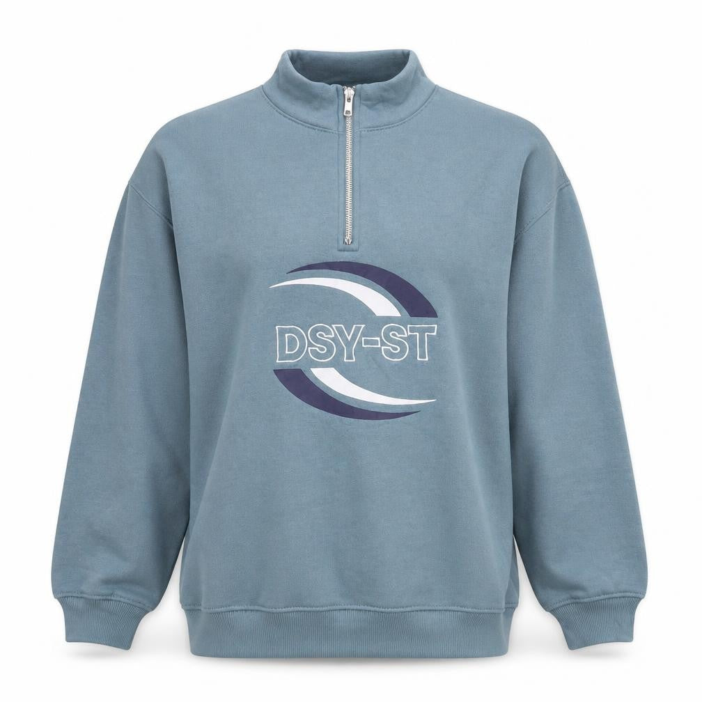 Front view of DSY-ST women’s blue polyester pullover sweatshirt, size UK 8, pullover