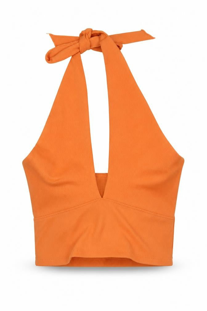 Front view of Stradivarius women’s orange polyester cropped tank, size M, halter