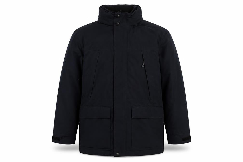 Front view of Marks & Spencer men’s blue pea coat coat, size M, zip