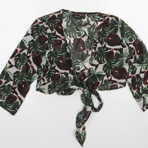 Boohoo Womens Green Geometric Polyester Basic Blouse Size M V-Neck - Leaf Print